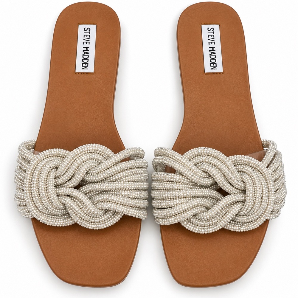Steve Madden Adore Pearl Rhinestone Braided Knot Slide Sandals Size 11 Ivory